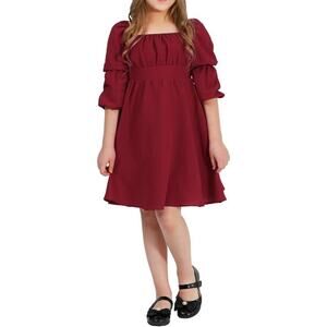 NWT Casual Long Puff Sleeve Girls Dresses Square Neck A Line, Burgandy SZ 12